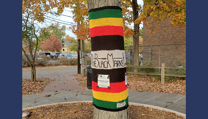 tree decorated with knitted fabric
